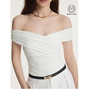 OGL Eco-SkinKiss White Brami Top S NWT Criss Cross Off Shoulder Built-in Bra NEW